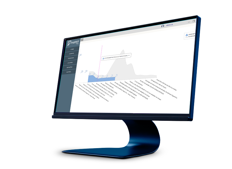 Mockup de monitor exibindo o dashboard do software Fagest Pro, mostrando gráficos de desempenho e interface de gestão profissional.
