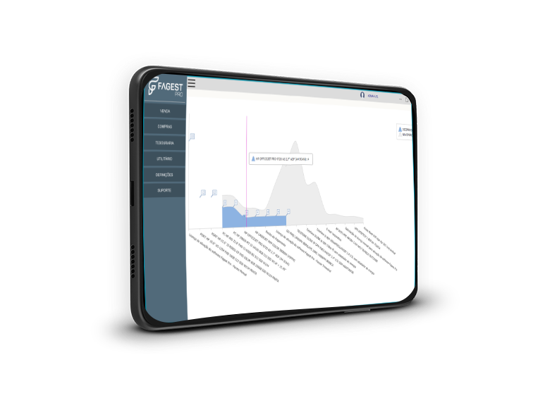 Interface do software Fagest Pro visualizada num tablet, demonstrando a versatilidade e mobilidade do sistema.