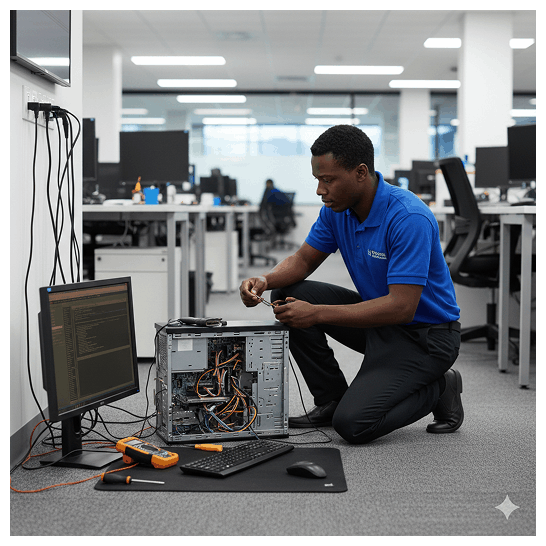 Técnico de informática realizando manutenção preventiva em um computador desktop em um ambiente de escritório moderno.