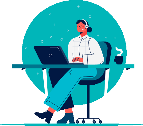 Ilustração de uma operadora de suporte técnico com headset utilizando um computador, representando o atendimento especializado da Fagest Pro.